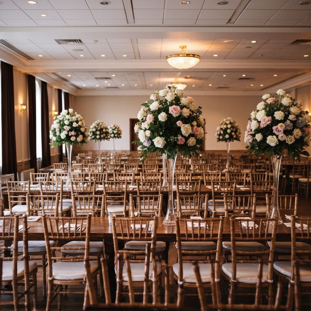 Professional venue setup with elegant floral arrangements and warm lighting